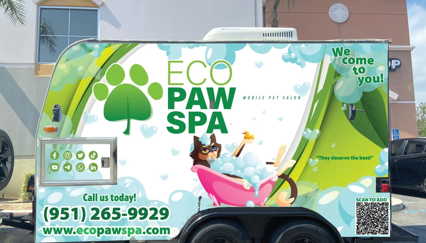Left side of the real Eco Paw Spa grooming trailer
