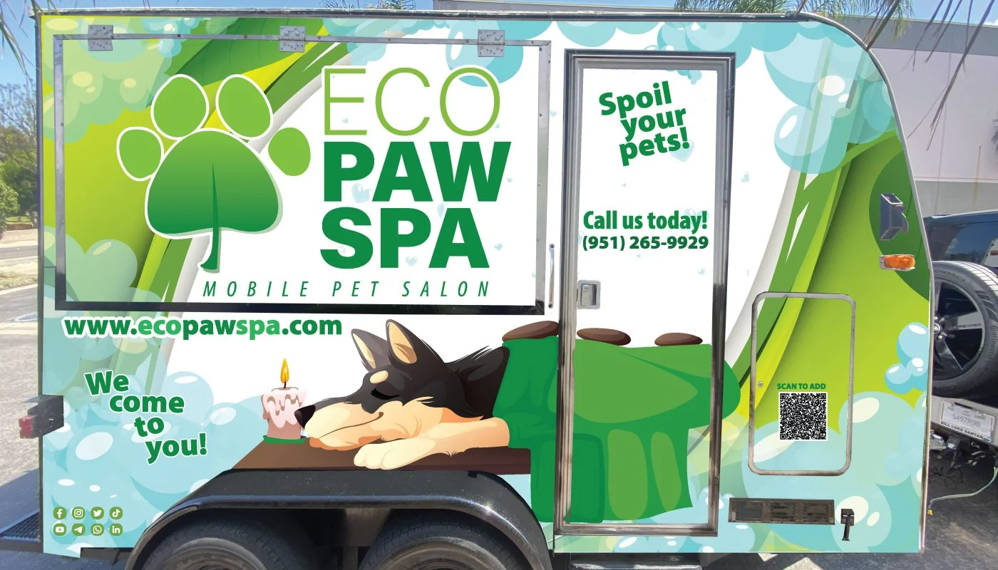 Right side of the real Eco Paw Spa grooming trailer