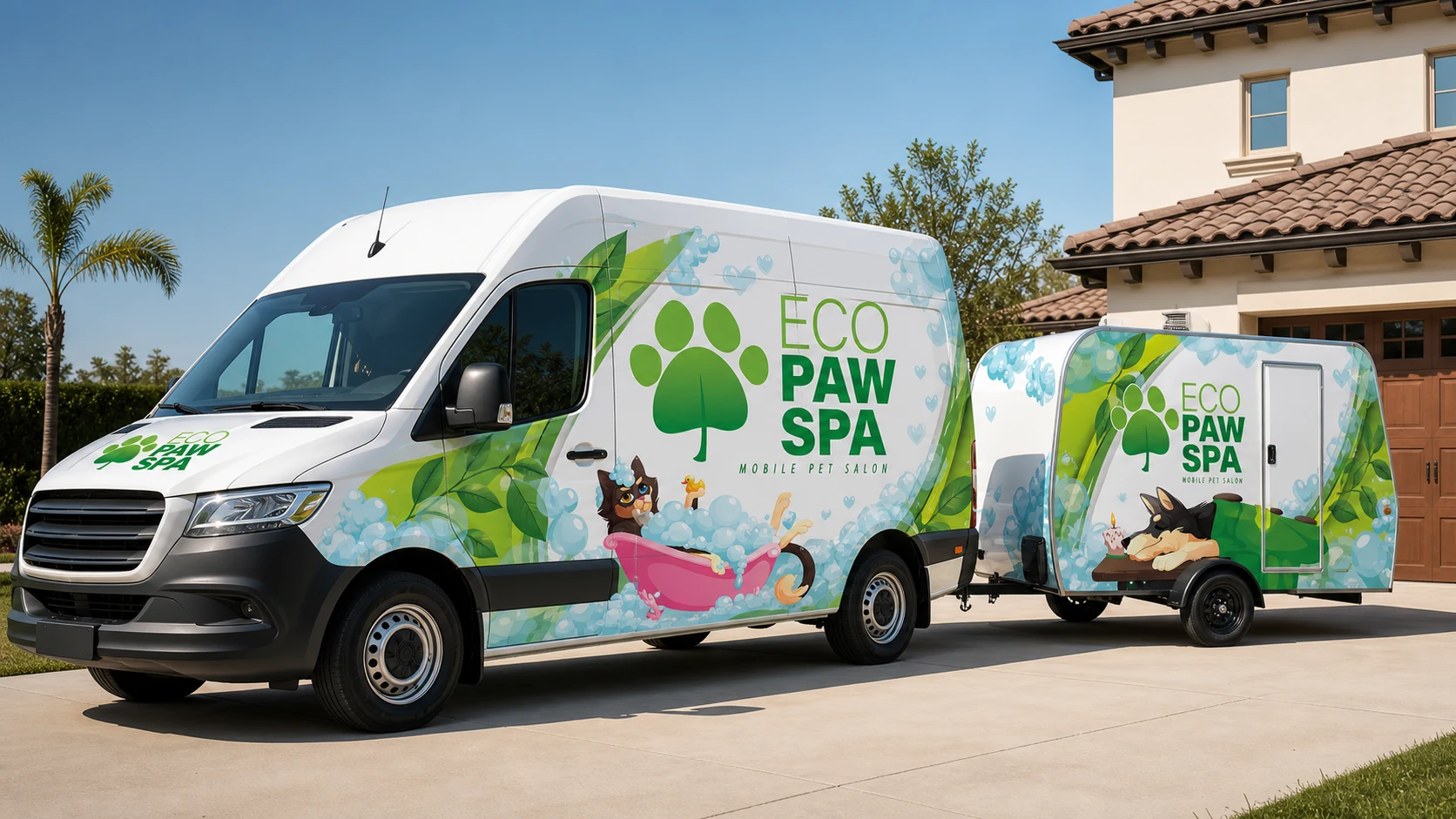 Concept showing a white Eco Paw Spa grooming van towing the wrapped mobile grooming trailer