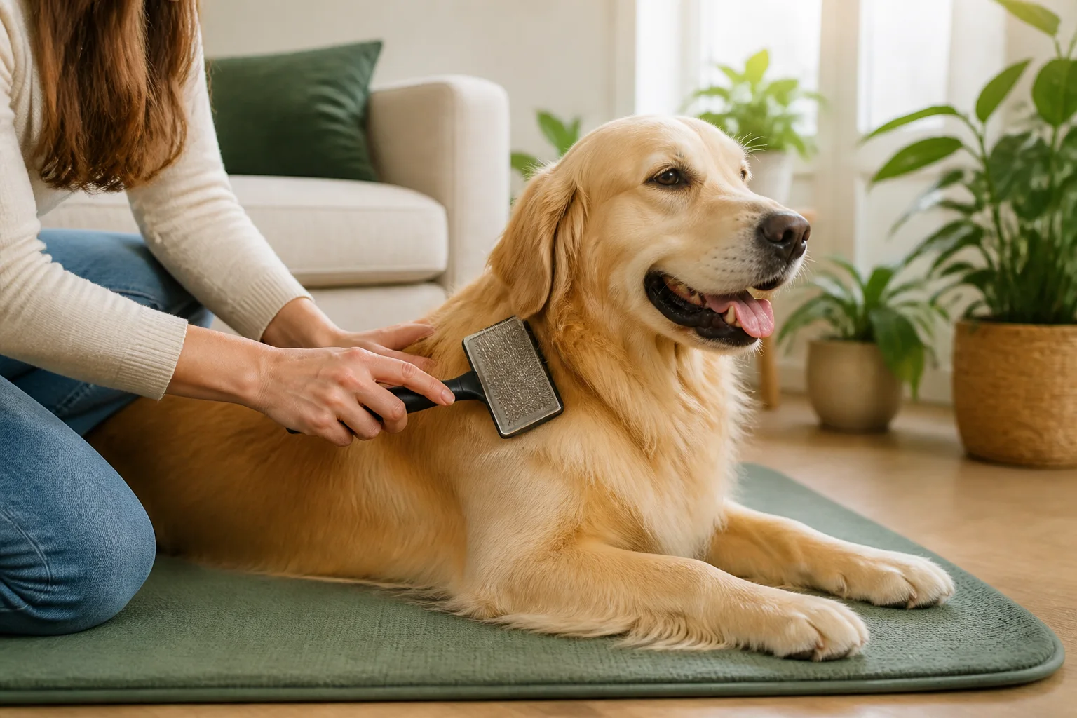 A relaxed golden retriever being gently brushed at home