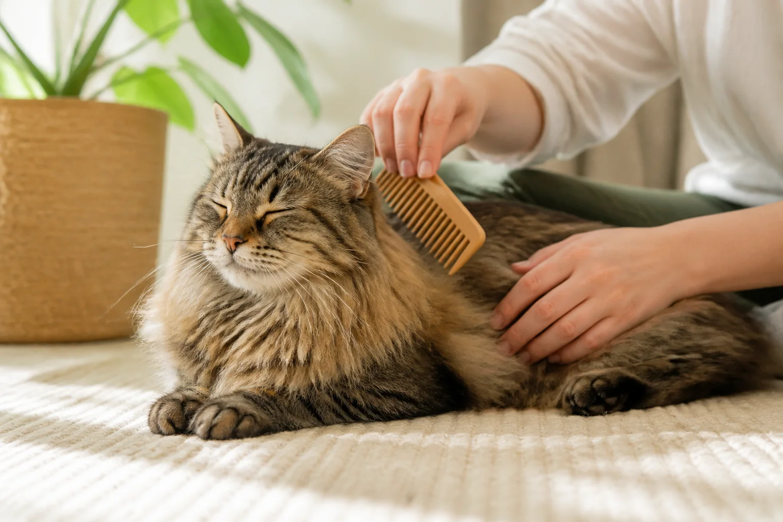 A calm long-haired tabby cat receiving gentle coat care at home