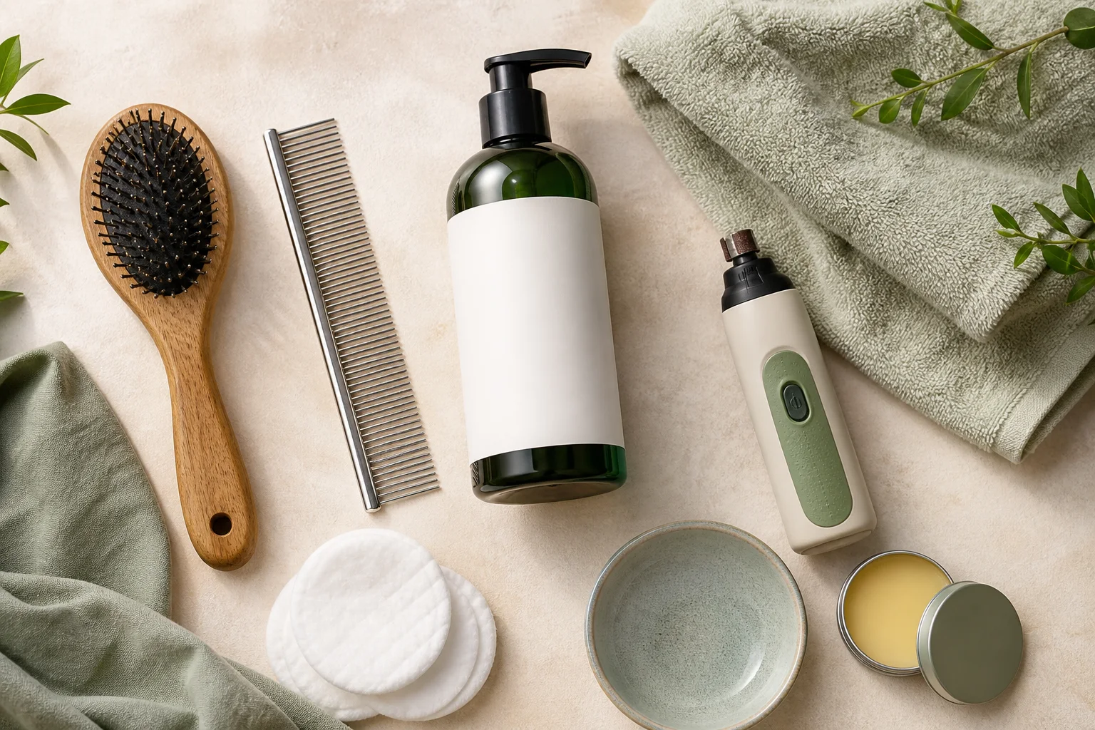 A neat arrangement of safe at-home pet grooming supplies