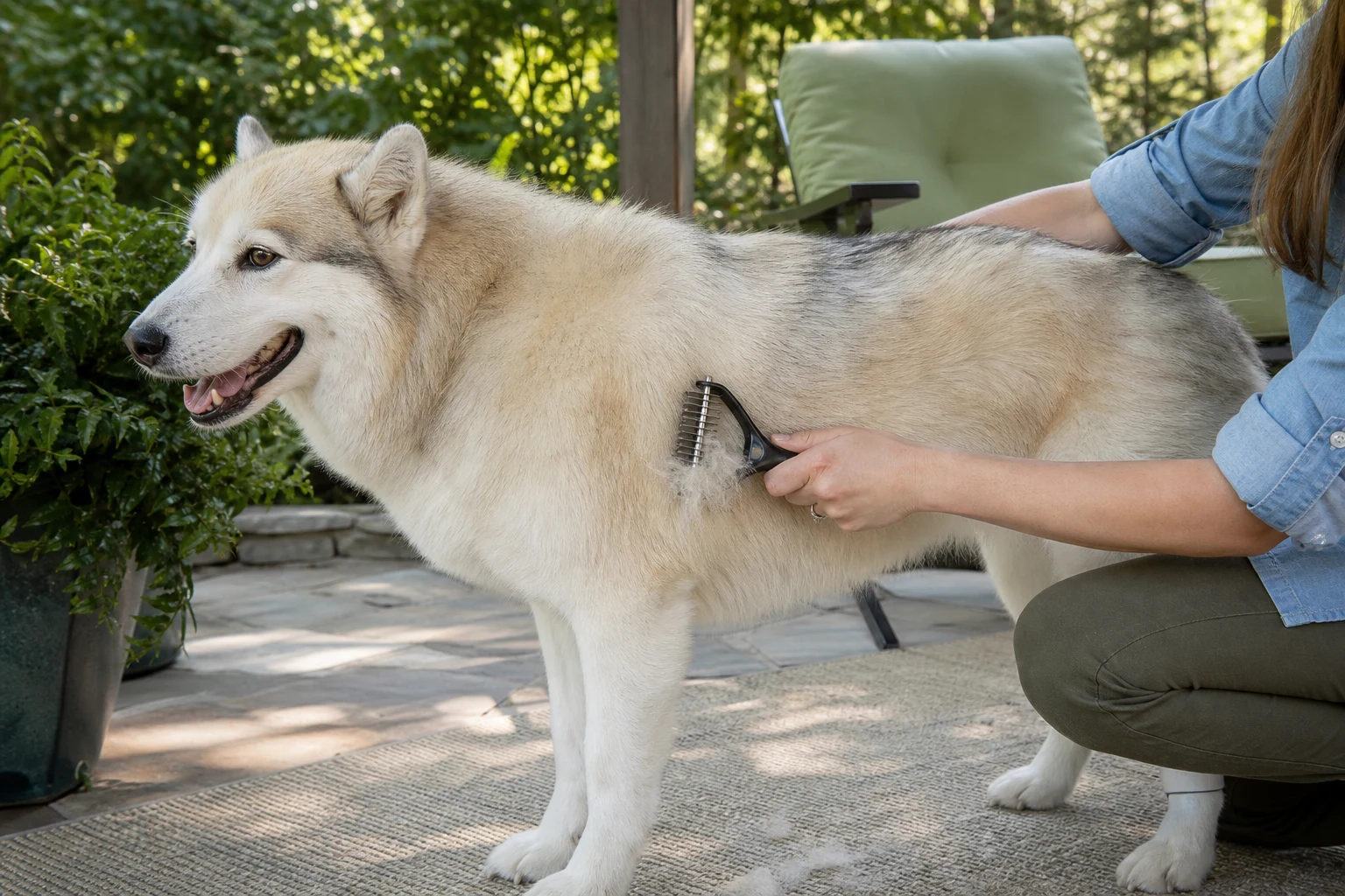A relaxed double-coated dog having loose undercoat gently removed outdoors