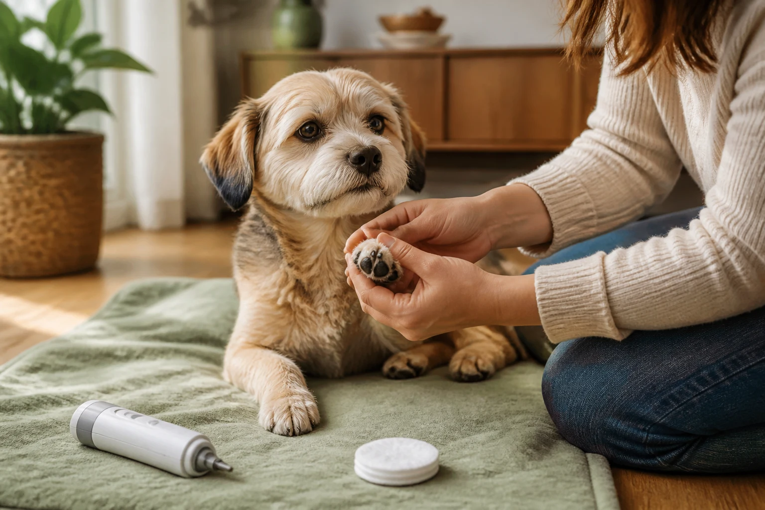 A calm dog having a front paw gently checked at home