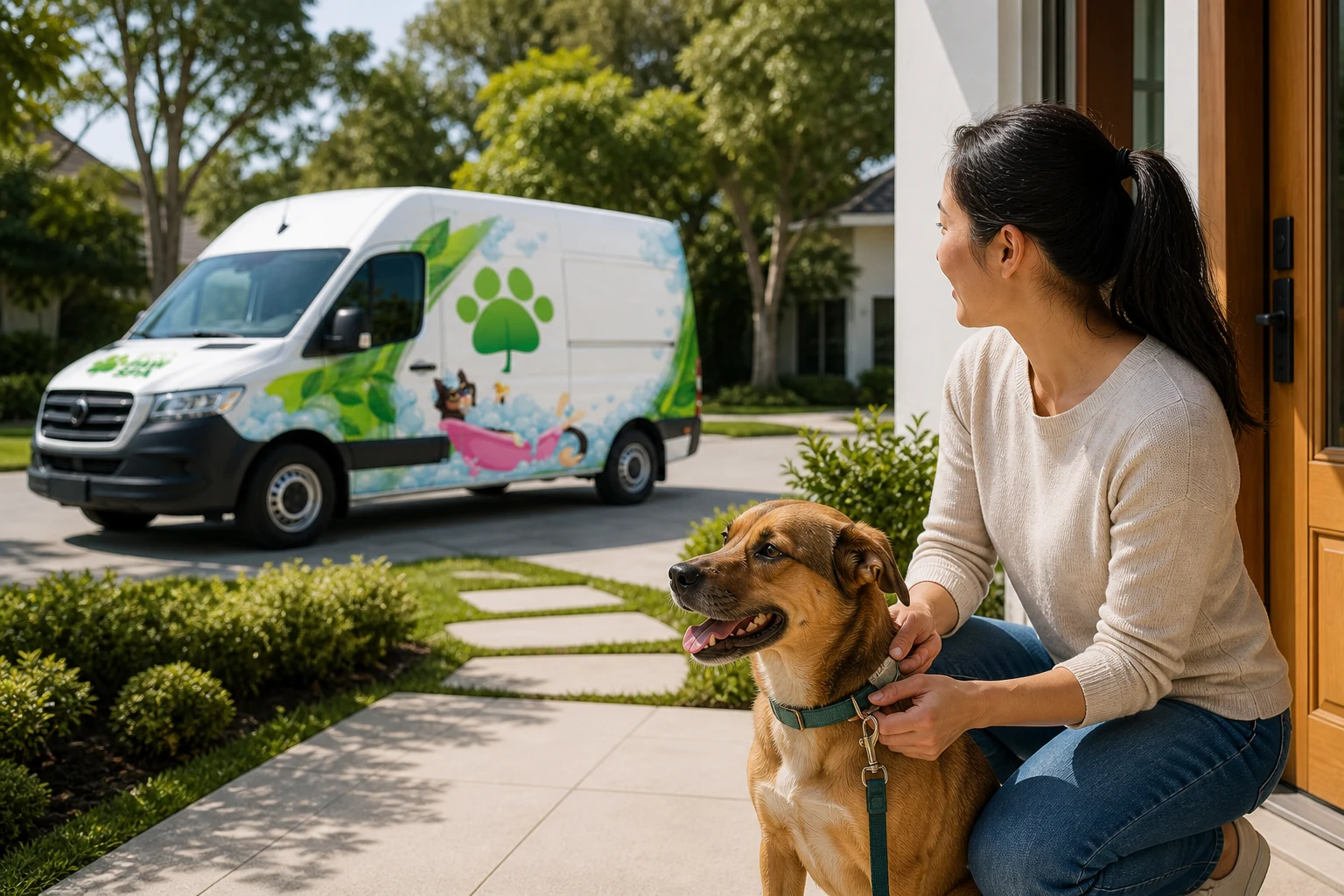 An owner preparing a leashed dog as the wrapped mobile grooming van arrives