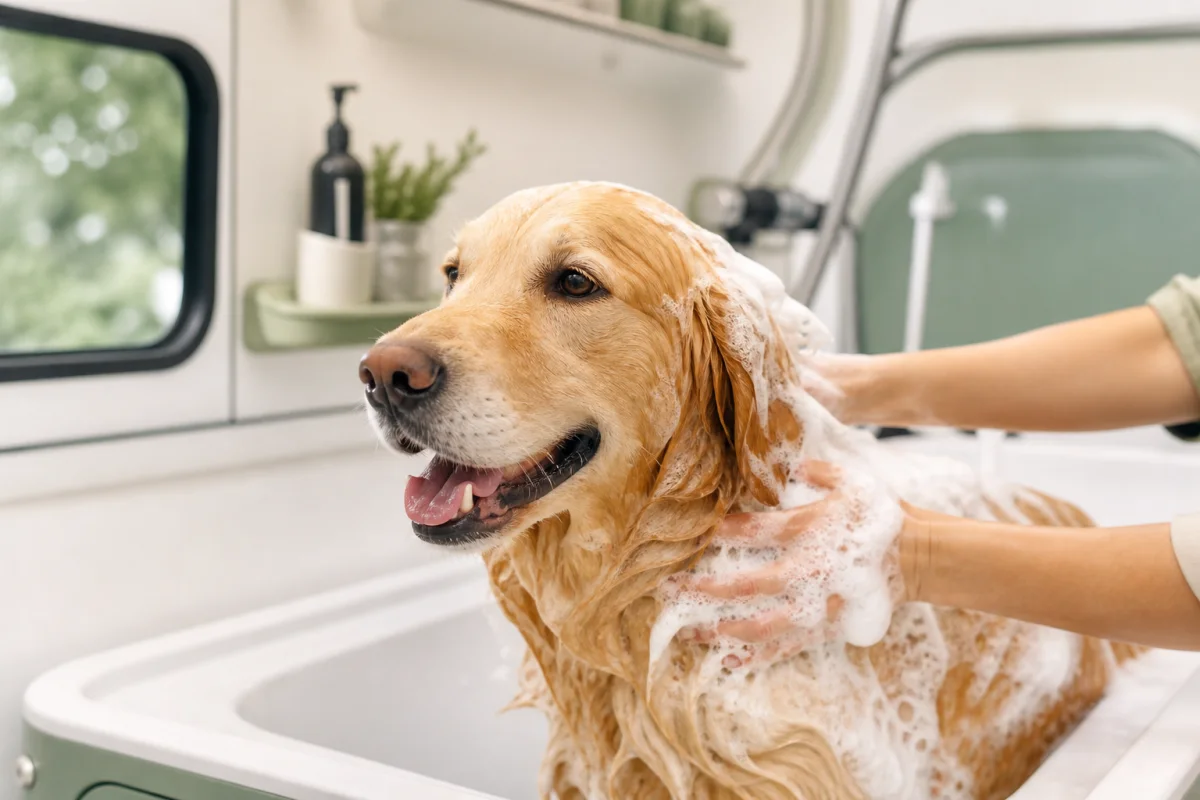 A relaxed Golden Retriever receiving a gentle bath in a mobile grooming salon