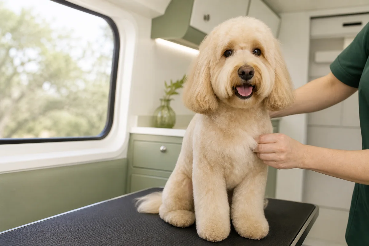 A freshly groomed Goldendoodle after an Eco Paw Spa signature dog groom